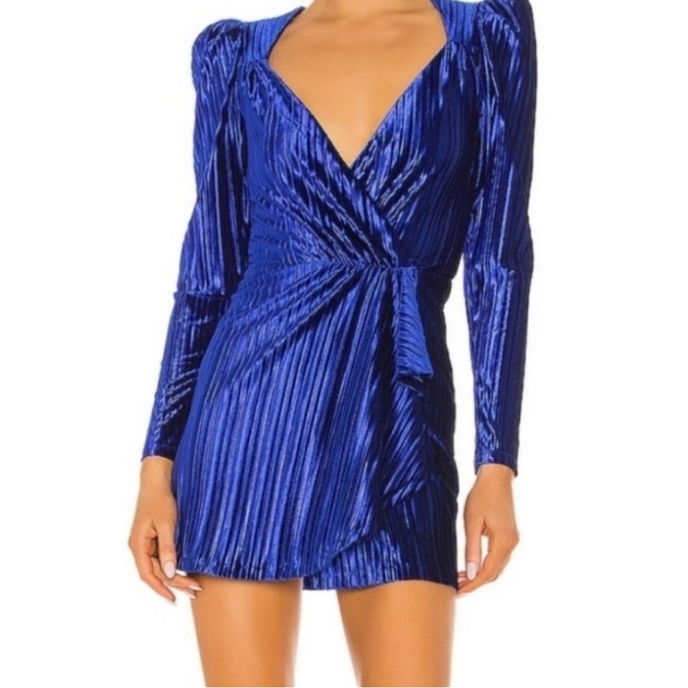 Revolve NBD Lannis Mini Dress Electric Blue Velvet Pleated Faux Wrap Size Large